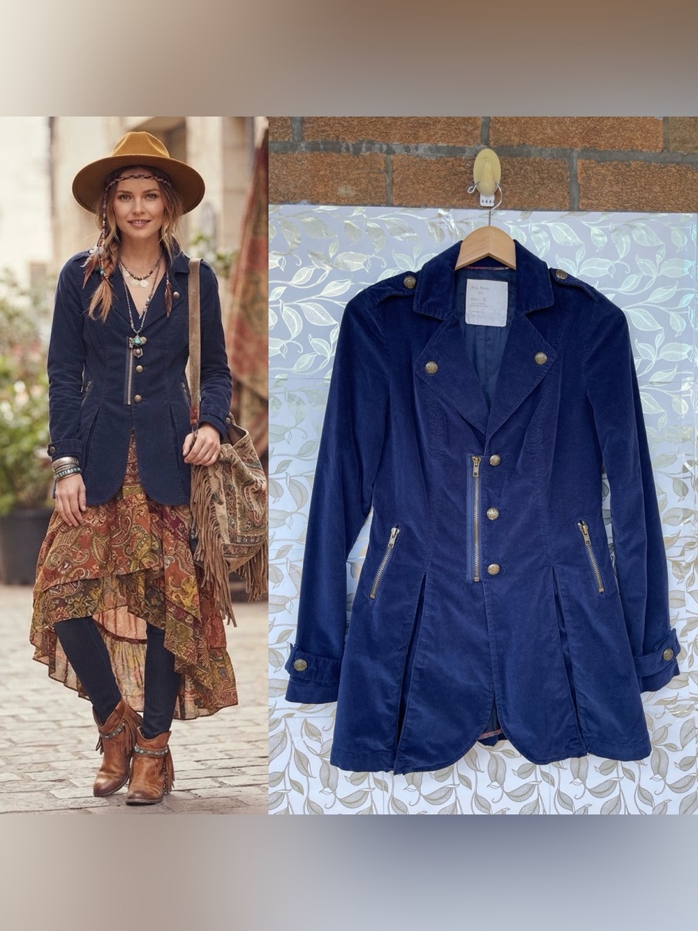Free People Blue Velvet Peplum Jacket Size 2 Vintage Military Blazer